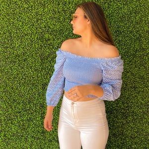 Blue long sleeve eyelet crop top